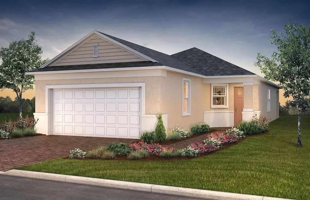 Exterior rendering of the Oasis home model: single-story tan stucco single-family house with gray shingle gable roof, white two-car garage, covered entry, brick-paver driveway, and a landscaped front yard with flowers.
