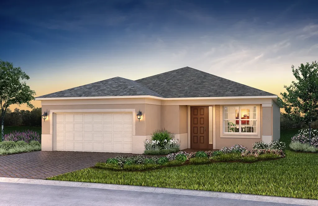 Exterior rendering of the Orchid home model: single-story tan stucco house with a gray hip roof, white two-car garage flanked by coach lights, covered entry with paneled brown front door, front picture window, brick-paver driveway, and a landscaped yard with shrubs and flowers at sunset.