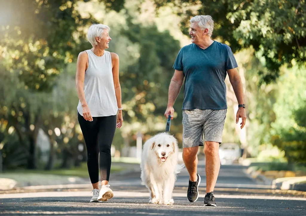 An older couple walking their fluffy white dog on a tree-lined suburban street, smiling at each other on a sunny day.